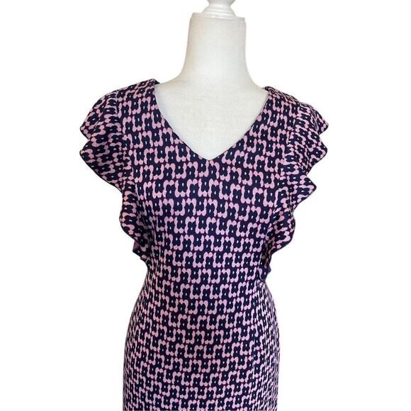 Tyler Böe Pink & Navy Geo Print Ruffle Sleeve Sheath Dress – Size M - Picture 2 of 8